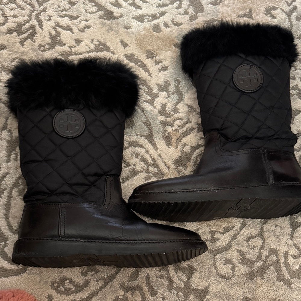 Tory Burch Joey Black Quilted Fur-Trim Boots